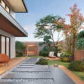 Beautiful Courtyard Garden Design With Stone Path Wooden Deck Swing And Green Plants