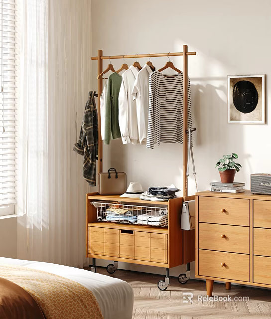 Wooden Clothing Storage Rack with Hanging Clothes Rail Drawers and Storage Baskets in Bright Light 3d model 