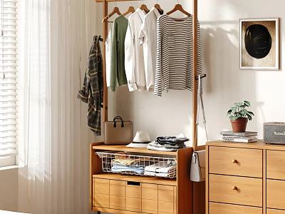 Wooden Clothing Storage Rack with Hanging Clothes Rail Drawers and Storage Baskets in Bright Light 3d model