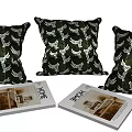 Black and White Butterfly Patterned Decorative Pillows with Stylish Magazines on Light Surface 3d model