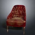 Red Velvet Armchair Featuring Gold Accents Ornate Patterns and Sturdy Gold Legs Vintage Furniture Design