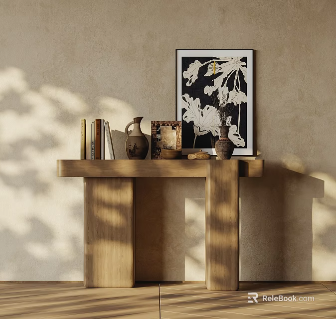 Wooden Console Table With Books Vase White Flower Painting On Beige Wall Light Shadows 3d model 