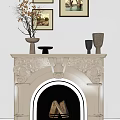 White Marble Fireplace With Carved Arch Design Decorative Vases Artwork Frames And Wood Logs Inside