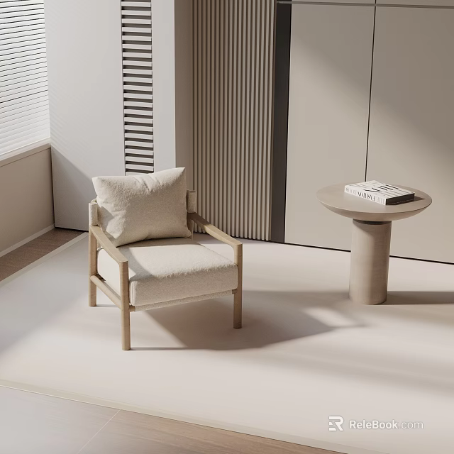 Comfortable Modern Lounge Chair With Beige Cushion Wooden Frame And Round Side Table With Books 3d model 