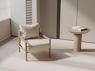 Comfortable Modern Lounge Chair With Beige Cushion Wooden Frame And Round Side Table With Books 3d model