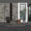 Modern Accent Chair With Rock Wall Side Table Potted Plant Window Blinds And Circular Rug