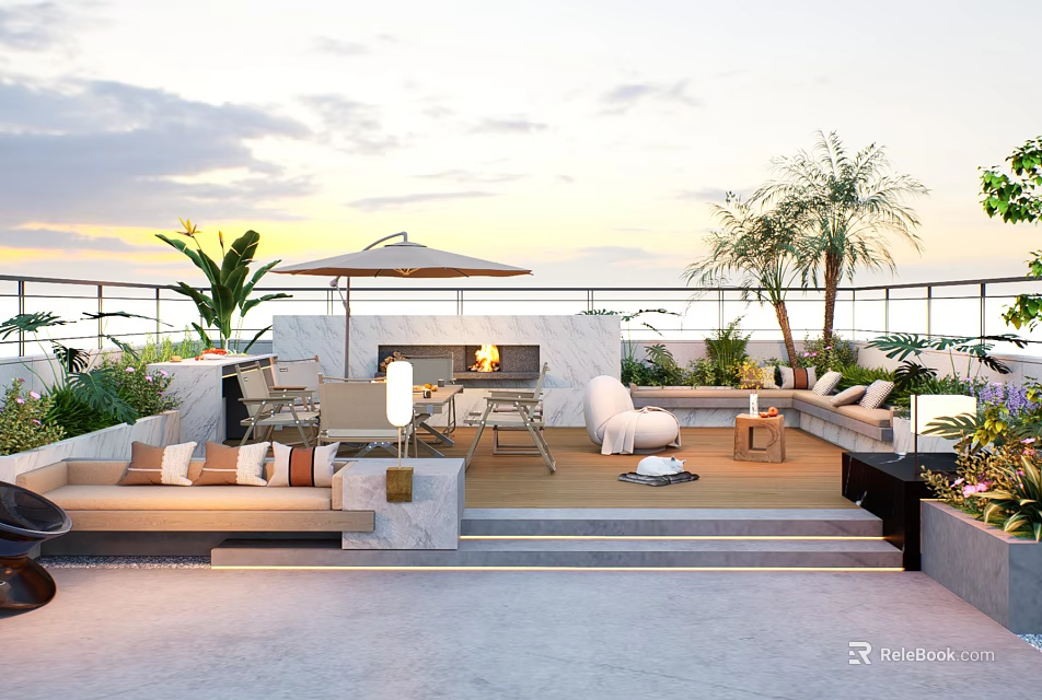 Modern Roof Garden Design with Outdoor Sofa Palm Trees and Fire Pit 3d model 