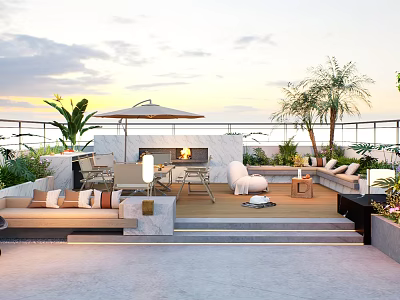 Modern Roof Garden Design with Outdoor Sofa Palm Trees and Fire Pit 3d model