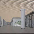 Spacious Modern Public Corridor With Wooden Strip Ceiling And Comfortable Open Green Courtyard Landscape