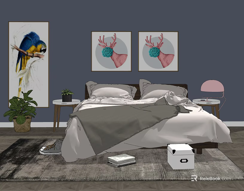 Cozy Double Bed with Gray Blanket Pillows Deer Paintings Parrot Art Green Plant Pink Lamp 3d model 