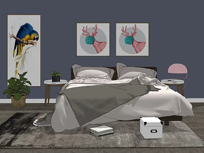 Cozy Double Bed with Gray Blanket Pillows Deer Paintings Parrot Art Green Plant Pink Lamp 3d model