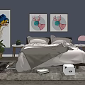 Cozy Double Bed with Gray Blanket Pillows Deer Paintings Parrot Art Green Plant Pink Lamp