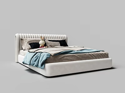 Modern Double Bed with Upholstered Headboard and Soft Pillows in Neutral Tones 3d model