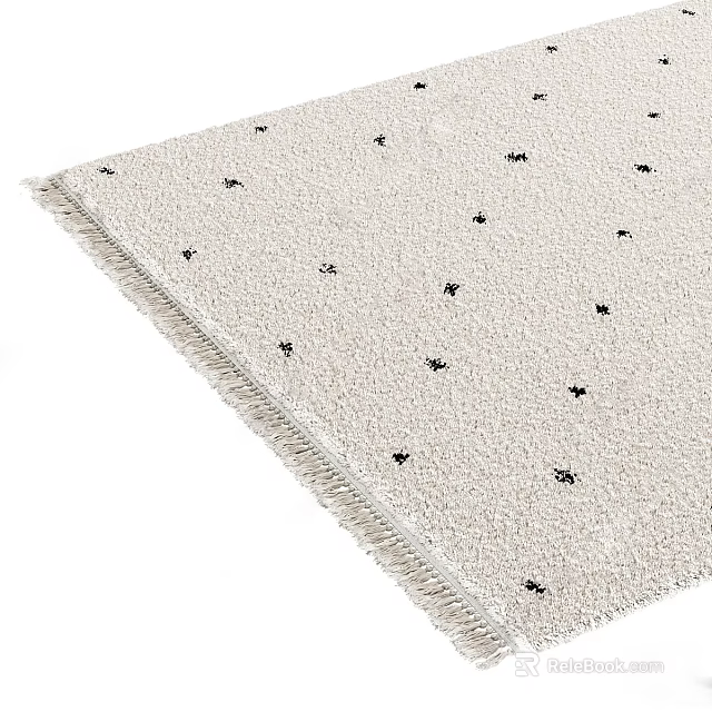 Plush Cream Colored Square Carpet With Small Black Patterns And Fringed Edges 3d model 
