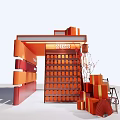 Check In Photo Spot At Vibrant Red Booth With Decorative Orange Gift Boxes And Staircase