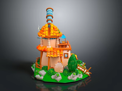 Cartoon Scene With Tower House Orange Roof Windmill Green Grass And Stones 3d model