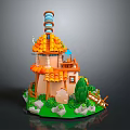 Cartoon Scene With Tower House Orange Roof Windmill Green Grass And Stones