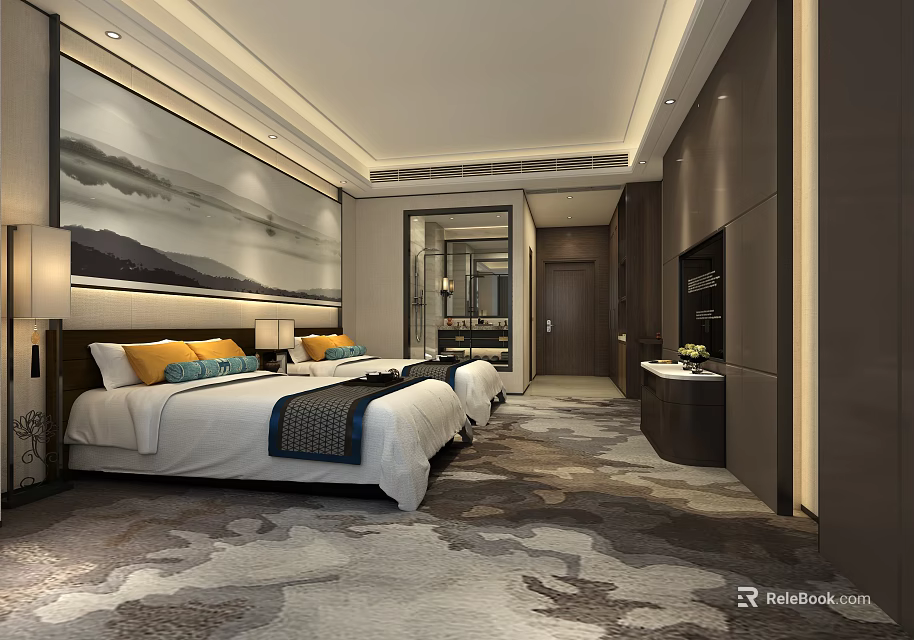 Luxury Hotel Guest Room With Double Beds Landscape Painting And Carpet 3d model 