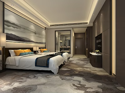 Luxury Hotel Guest Room With Double Beds Landscape Painting And Carpet 3d model
