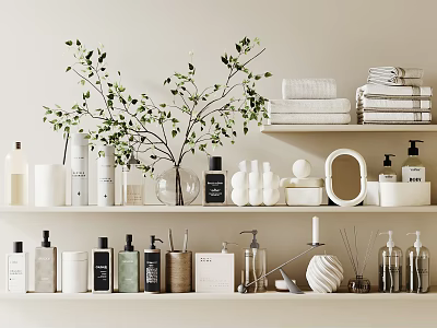 Organized Bathroom Shelf With Toiletries Towels Green Plant And Mirror Decor 3d model