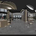 Modern Bright Restaurant Interior With Wooden Tables Hanging Lights And Large Windows