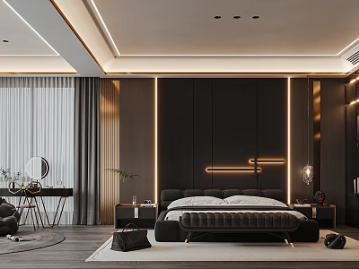 Modern Bedroom Interior Design With Black Bed Accent Lighting And Nightstands 3d model