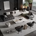 Modern Gray Sofa And Marble Coffee Table Set With Accent Chairs Rug And Green Plant