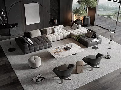 Modern Gray Sofa And Marble Coffee Table Set With Accent Chairs Rug And Green Plant 3d model