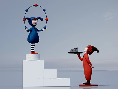 Ornament Decoration Set Featuring Blue Red Dolls White Steps Tray Candle And Balls 3d model