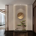 Modern Entryway Interior Design With Circular Wall Art Mini Pine Tree And Stone Flooring 3d model