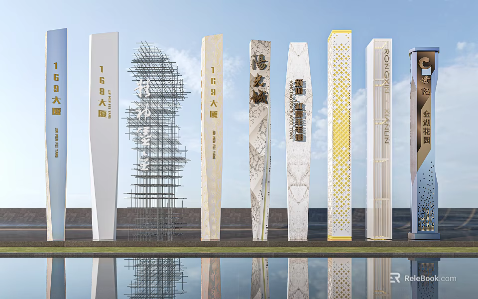 Spiritual Fortress Featuring Diverse Modern Designs Textured Surfaces Golden Accents And Water Reflection 3d model 