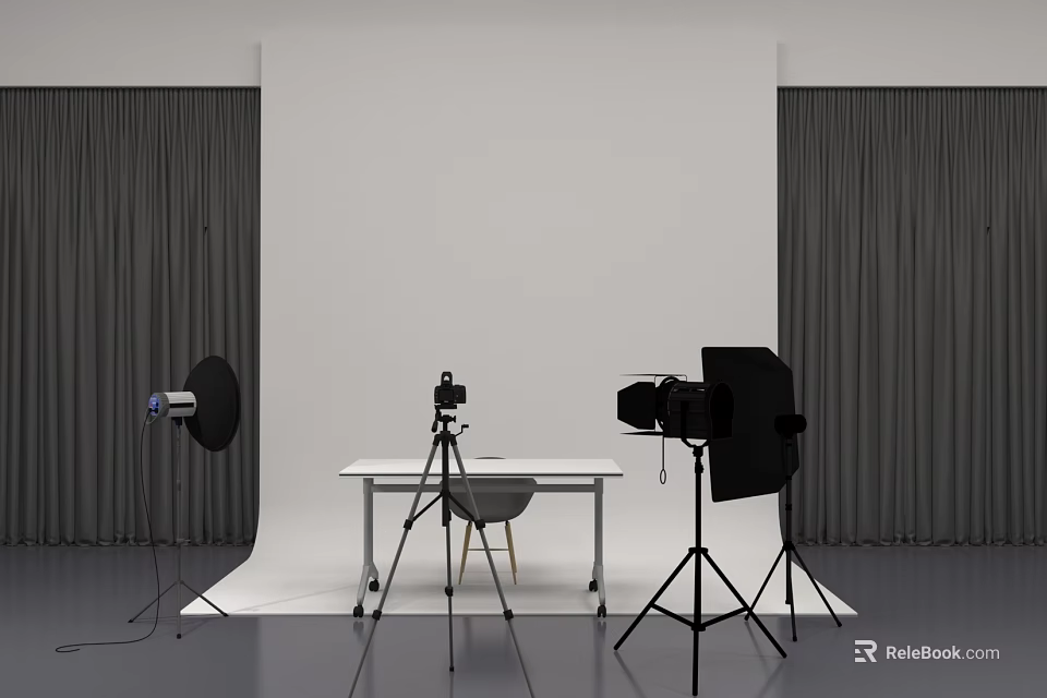 Professional Live Streaming Studio Setup With Camera Lighting Table And Gray Curtains 3d model 