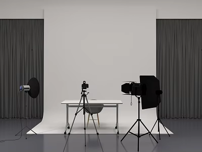 Professional Live Streaming Studio Setup With Camera Lighting Table And Gray Curtains 3d model