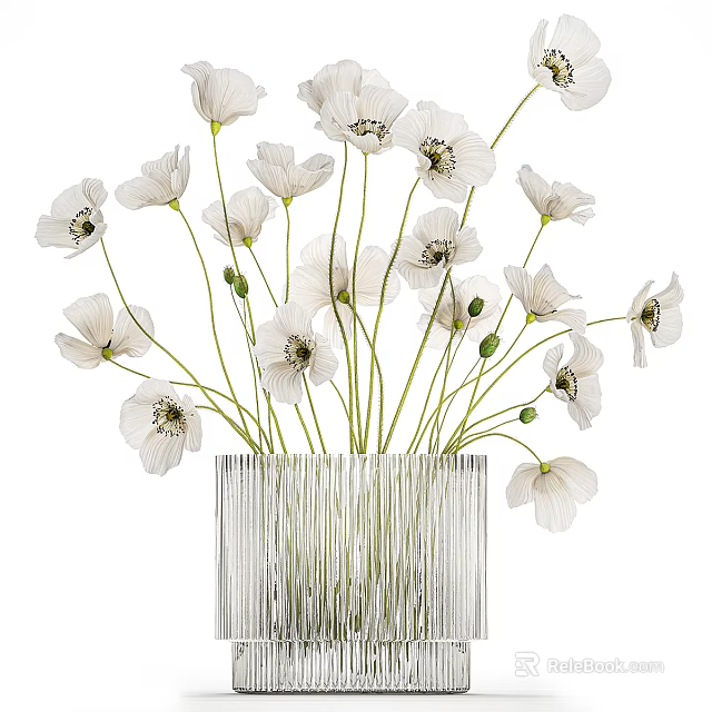White Poppy Flowers Arranged In Modern Striped Metallic Vase Decorative Piece 3d model 