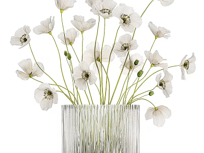 White Poppy Flowers Arranged In Modern Striped Metallic Vase Decorative Piece 3d model