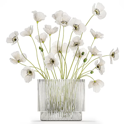 White Poppy Flowers Arranged In Modern Striped Metallic Vase Decorative Piece 3d model