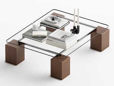 Contemporary Glass Top Coffee Table With Walnut Wooden Legs Stacked Books And Decorative Candles 3d model