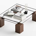 Contemporary Glass Top Coffee Table With Walnut Wooden Legs Stacked Books And Decorative Candles