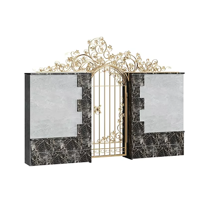 Golden Wrought Iron Gate With Intricate Carvings And Marble Side Walls 3d model
