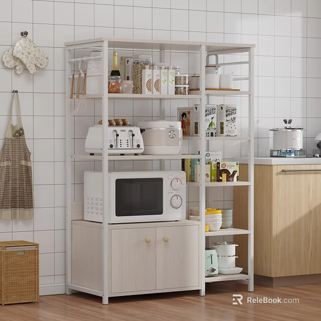 Multi Tier White Kitchen Storage Shelf Holding Microwave Toaster Jars Boxes And Cups 3d model