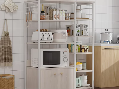 Multi Tier White Kitchen Storage Shelf Holding Microwave Toaster Jars Boxes And Cups 3d model