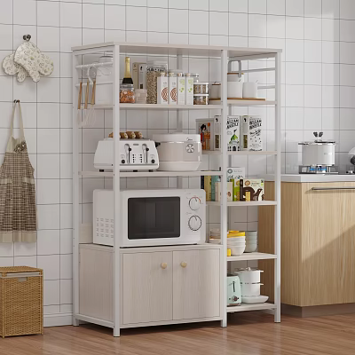 Multi Tier White Kitchen Storage Shelf Holding Microwave Toaster Jars Boxes And Cups 3d model