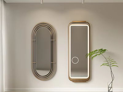 Elegant Oval And Rectangular Wall Mirrors With Gold Metal And Wooden Frames And Green Plant 3d model