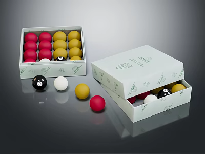 Colorful Billiard Balls Sports Equipment With White Black Yellow Red Balls And Boxes 3d model