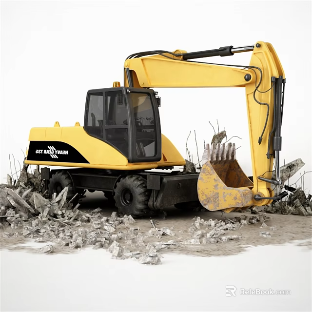 CASE NEW HOLLAND Yellow Wheeled Excavator Working On Construction Site With Rubble Around 3d model 