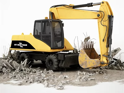 CASE NEW HOLLAND Yellow Wheeled Excavator Working On Construction Site With Rubble Around 3d model