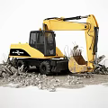 CASE NEW HOLLAND Yellow Wheeled Excavator Working On Construction Site With Rubble Around