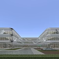 Modern Commercial Street Architecture With Glass Curtain Walls Open Layout And Landscaped Water Feature