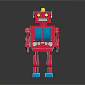 Red Vintage Robot Toy Standing On Black Reflective Surface With Blue Base And Chest Buttons