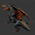 Detailed 3D Fantasy Dragon Model With Black Body Orange Red Wings Open Mouth